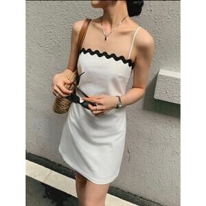 Commense Linen Cotton Minimalist Casual White Black Trim Dress Large